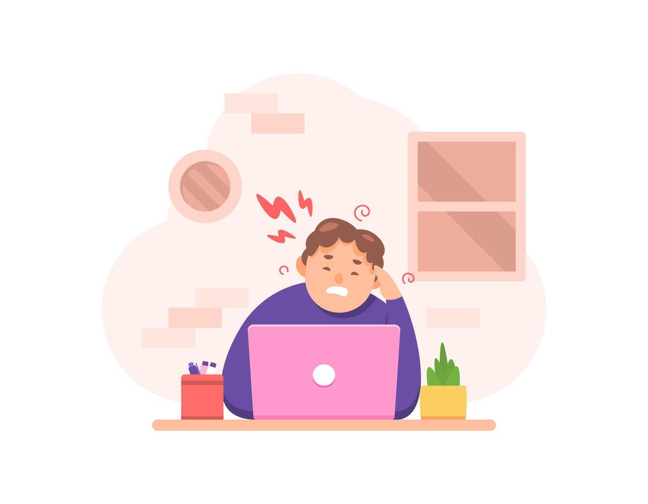 illustration of a man feeling a headache headache and dizziness when working headaches from working too long health problems in workers or employees flat style character illustration design vector